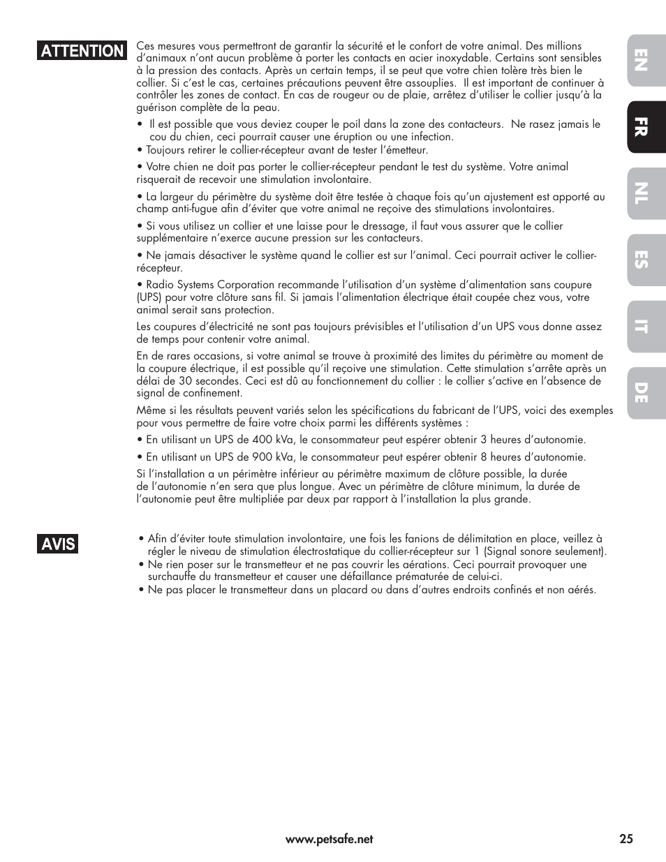 En fr es nl it de | Petsafe Wireless Pet Containment System PIF-300-21 User Manual | Page 25 / 144