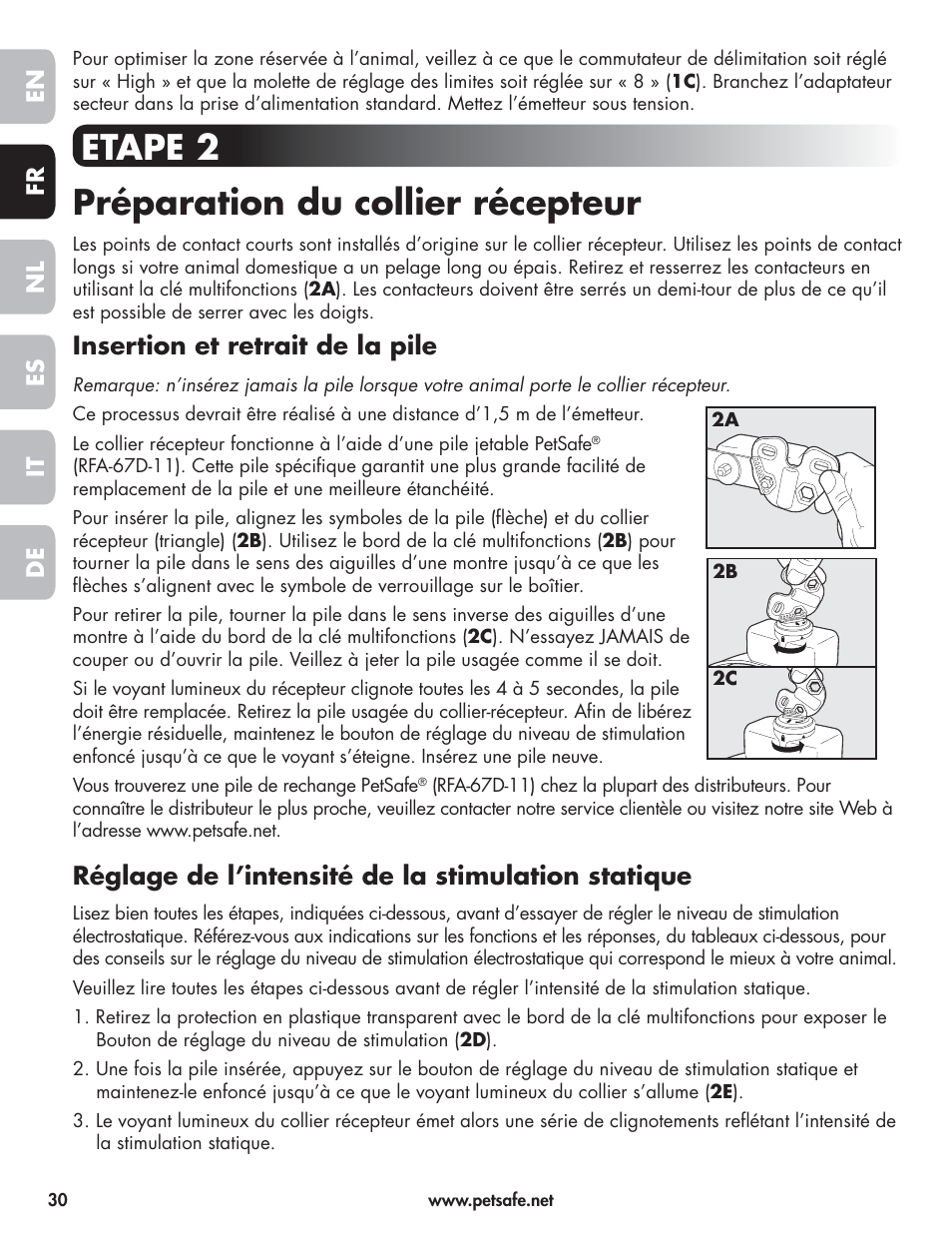 Etape 2 préparation du collier récepteur, Insertion et retrait de la pile, Réglage de l’intensité de la stimulation statique | Petsafe Wireless Pet Containment System PIF-300-21 User Manual | Page 30 / 144