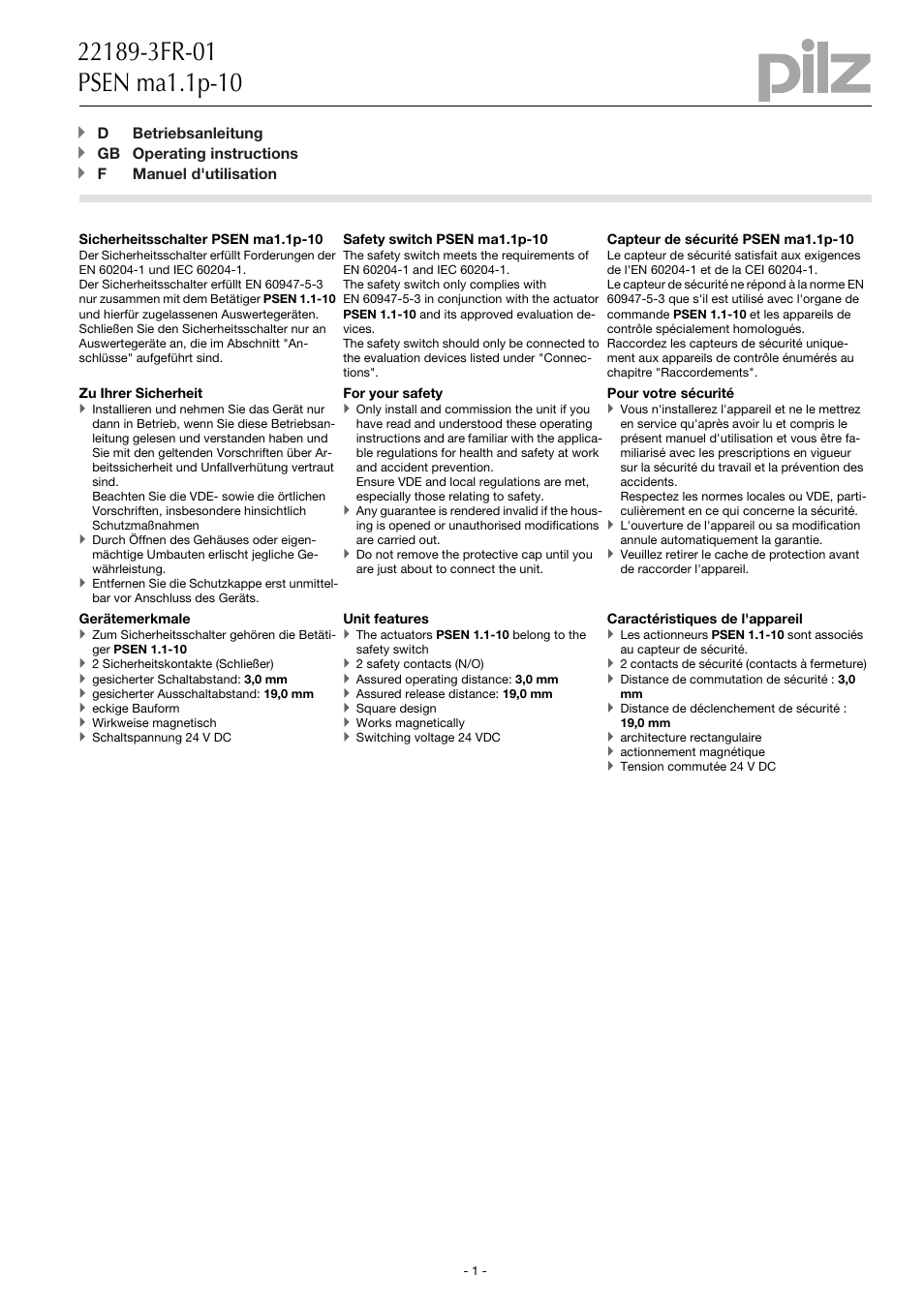 Pilz PSEN ma1.1p-10/PSEN1.1-10/3mm/1unit User Manual | 8 pages