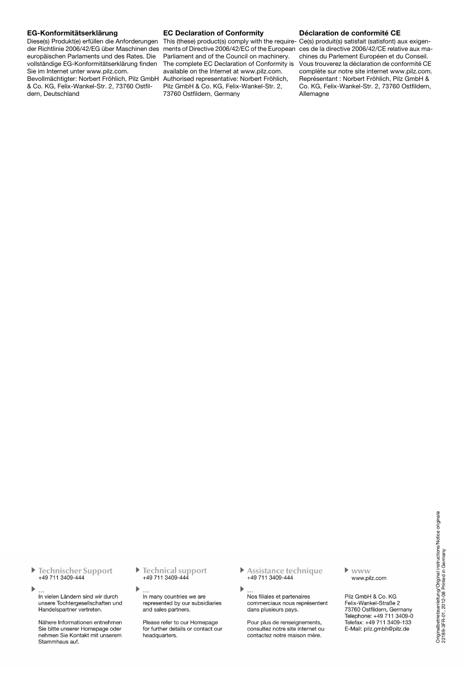 Eg-konformitätserklärung, Ec declaration of conformity, Déclaration de conformité ce | Pilz PSEN ma1.1p-10/PSEN1.1-10/3mm/1unit User Manual | Page 8 / 8