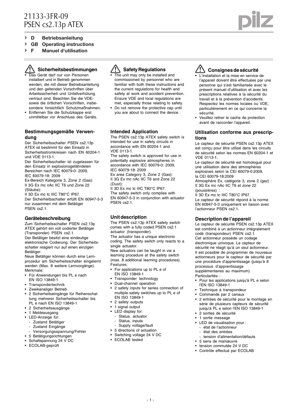 Pilz PSEN cs4.1 1 actuator User Manual | 10 pages