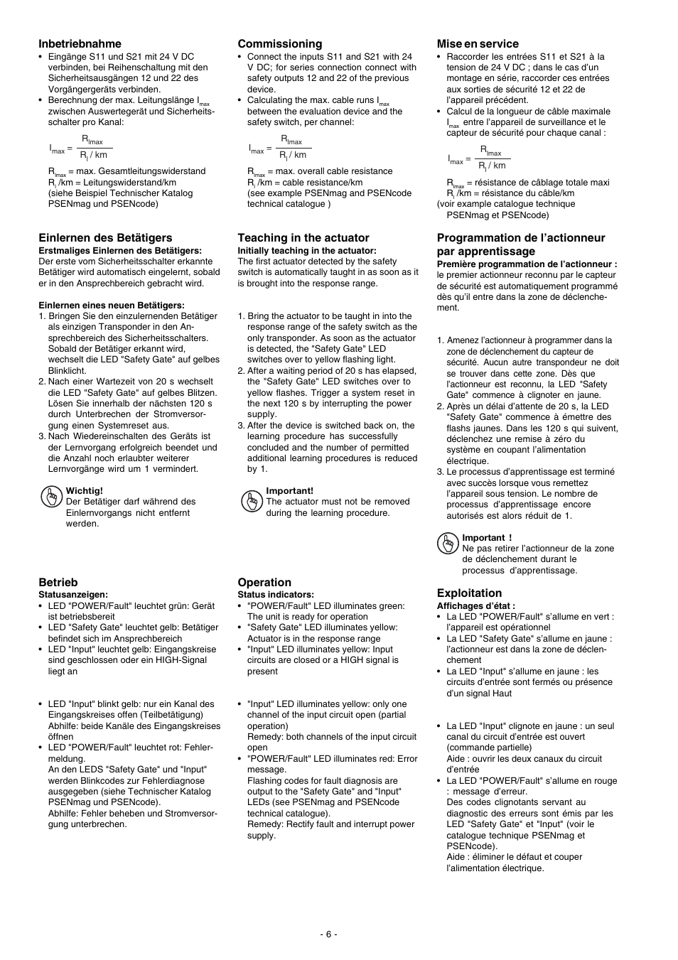 Inbetriebnahme, Einlernen des betätigers, Betrieb | Commissioning, Teaching in the actuator, Operation, Mise en service, Programmation de l’actionneur par apprentissage, Exploitation | Pilz PSEN cs4.1 1 actuator User Manual | Page 6 / 10