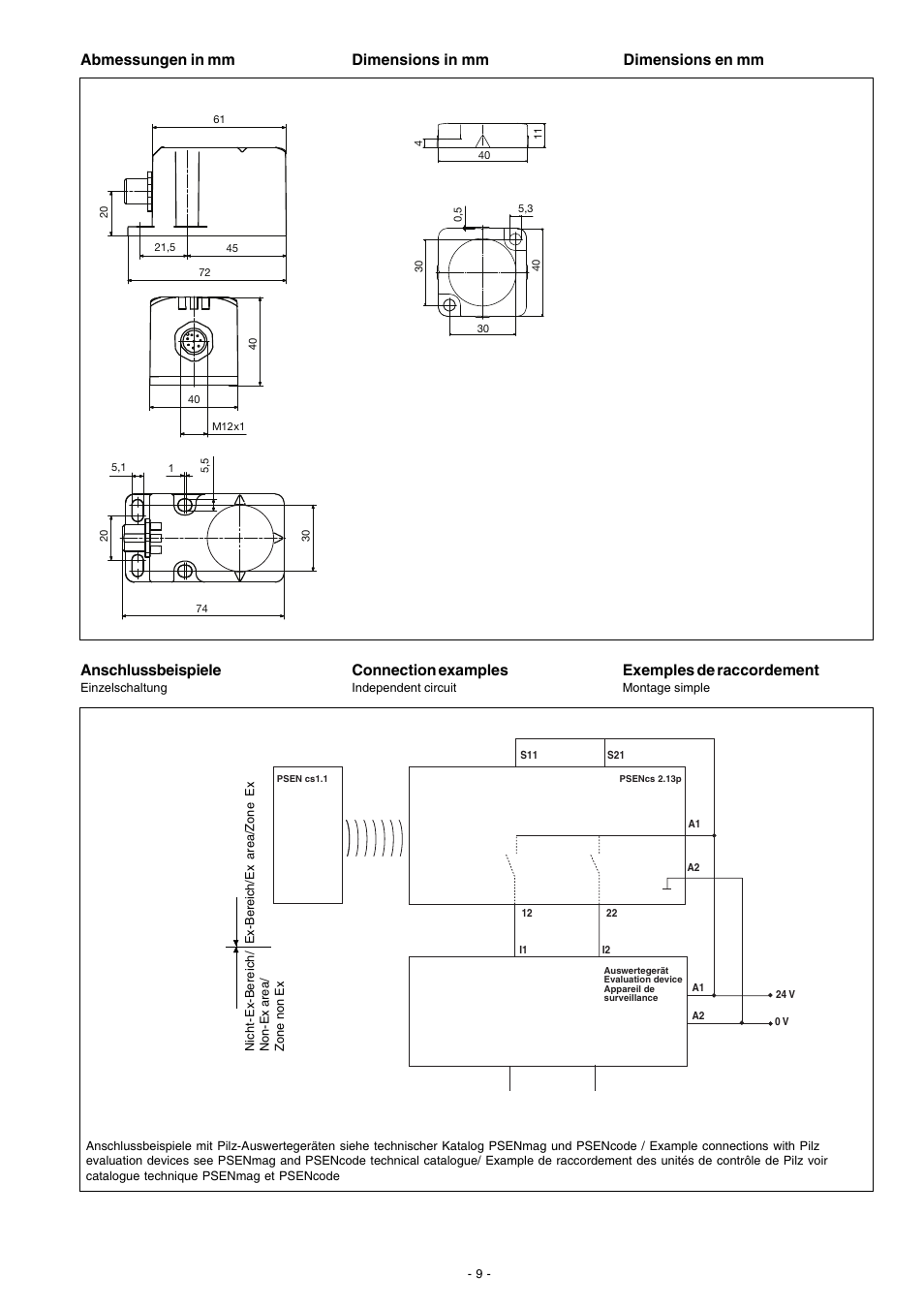 Abmessungen in mm, Anschlussbeispiele, Connection examples | Exemples de raccordement, Dimensions in mm dimensions en mm | Pilz PSEN cs4.1 1 actuator User Manual | Page 9 / 10