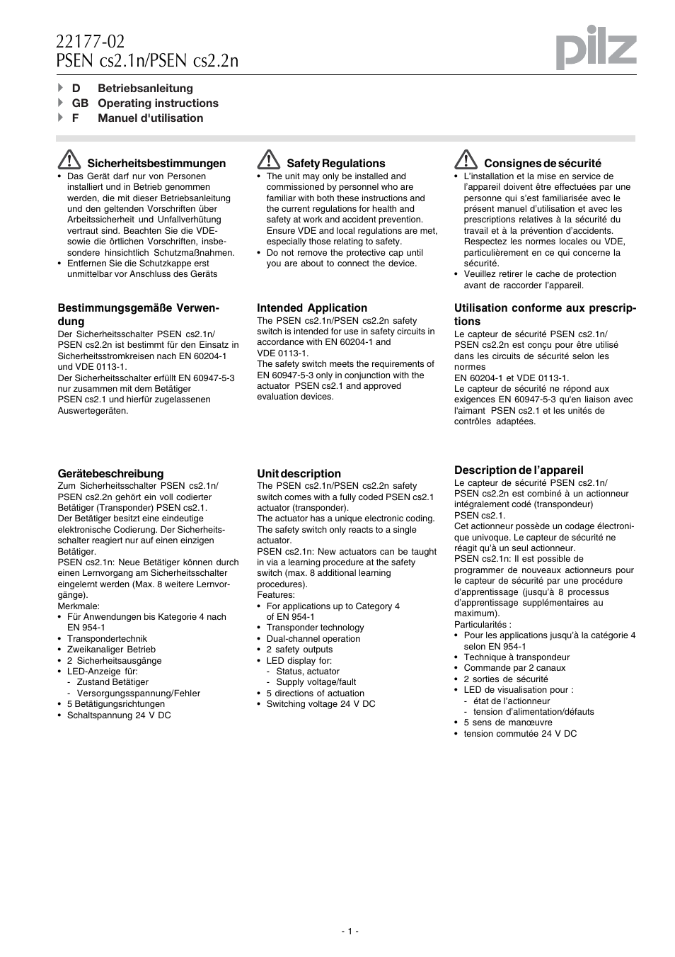 Pilz PSEN cs4.1 1 actuator User Manual | 10 pages