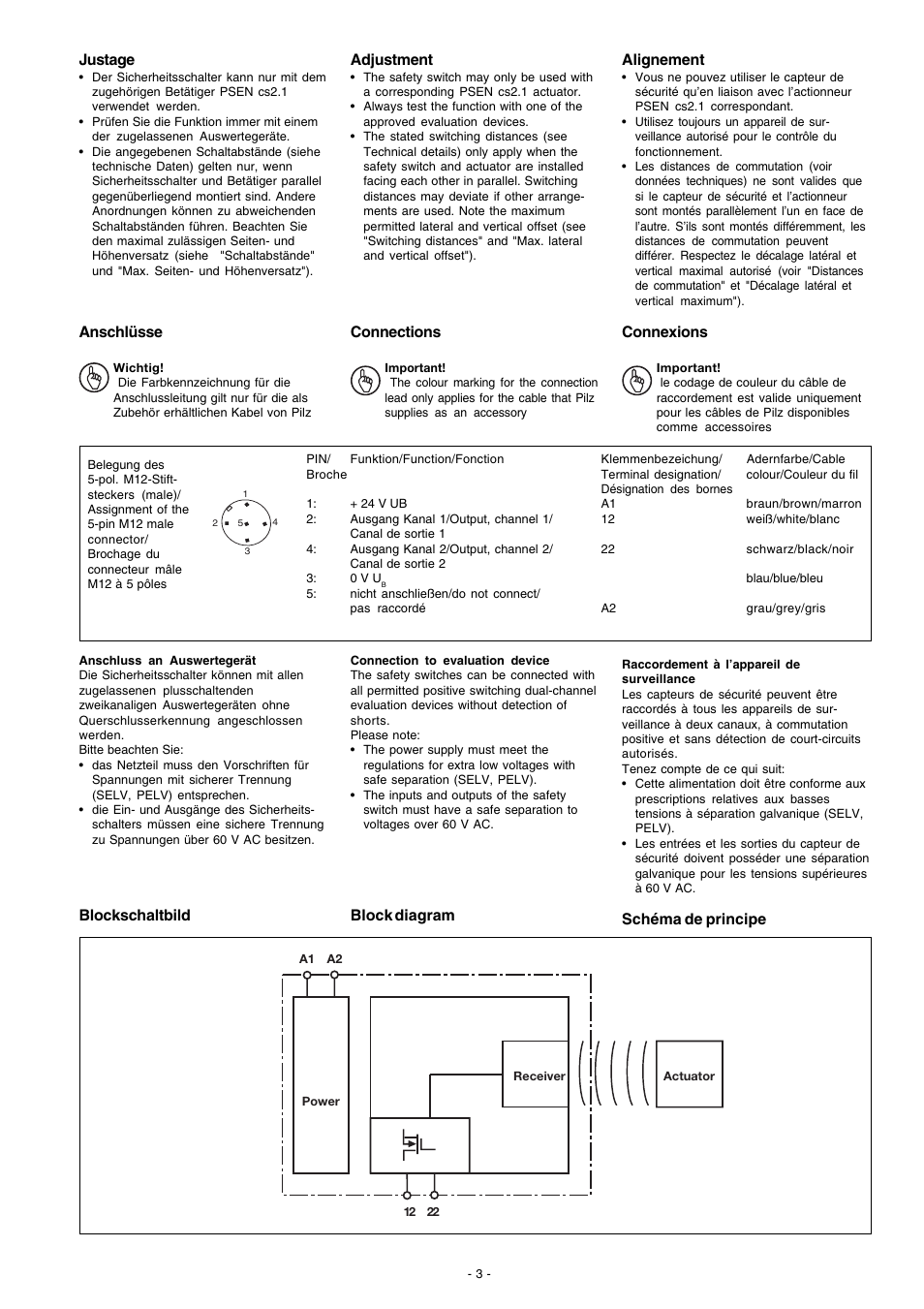 Justage, Anschlüsse, Adjustment | Connections, Alignement, Connexions, Blockschaltbild, Block diagram, Schéma de principe | Pilz PSEN cs4.1 1 actuator User Manual | Page 3 / 10