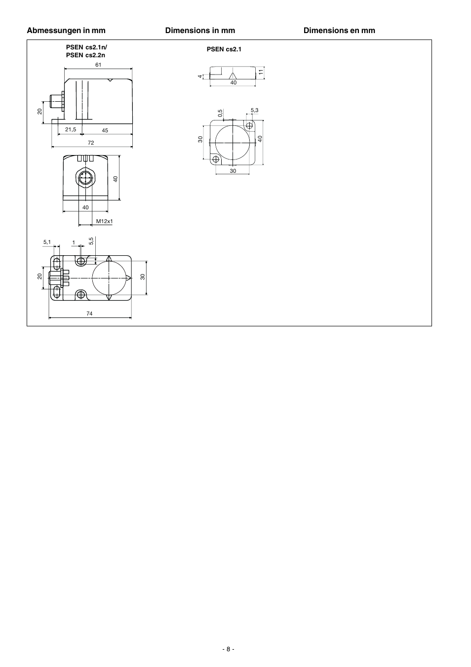 Abmessungen in mm, Dimensions in mm dimensions en mm | Pilz PSEN cs4.1 1 actuator User Manual | Page 8 / 10