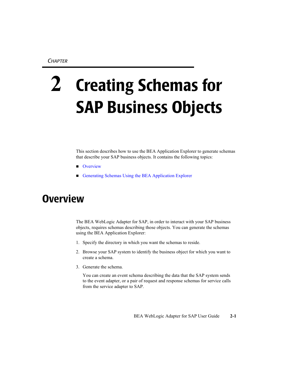 2 creating schemas for sap business objects, Overview, Creating schemas for sap business objects | Overview -1 | BEA WebLogic Adapter for SAP User Manual | Page 17 / 94