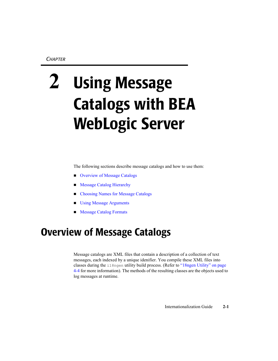 2 using message catalogs with bea weblogic server, Overview of message catalogs, Using message catalogs with bea weblogic server | Overview of message catalogs -1 | BEA WebLogic Server User Manual | Page 19 / 88