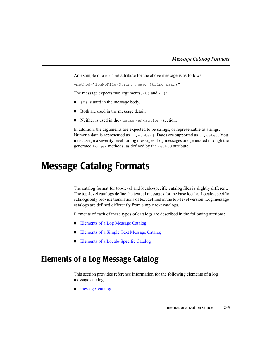 Message catalog formats, Elements of a log message catalog, Message catalog formats -5 | Elements of a log message catalog -5 | BEA WebLogic Server User Manual | Page 23 / 88