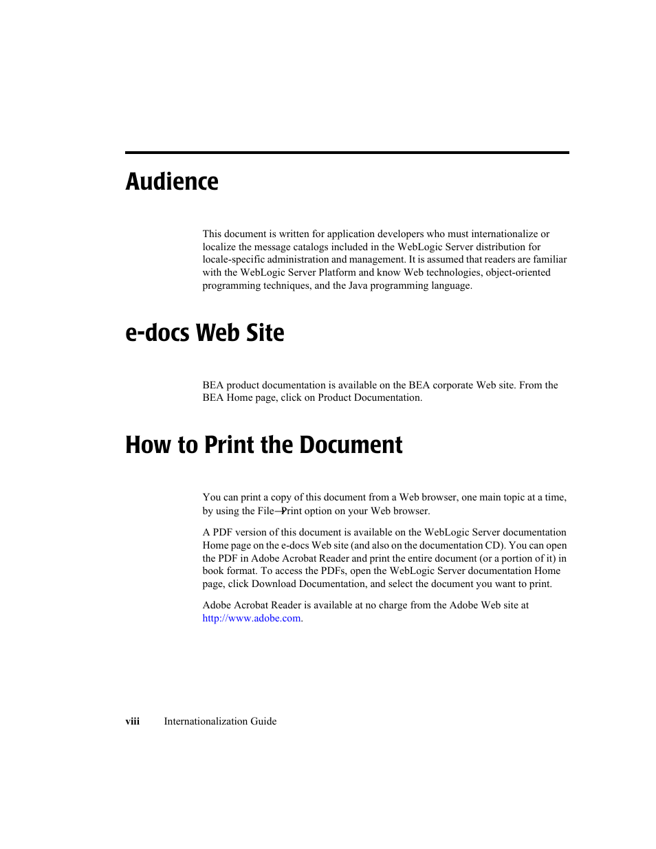 Audience, E-docs web site, How to print the document | BEA WebLogic Server User Manual | Page 8 / 88