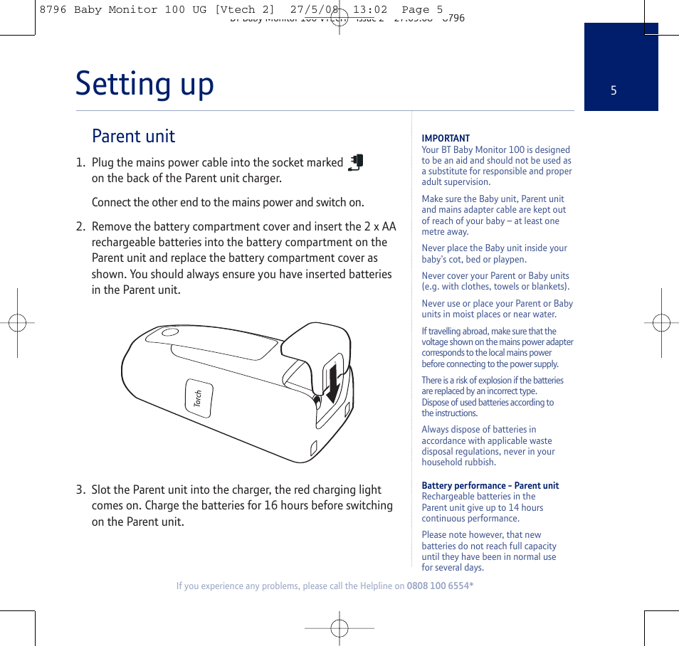 Setting up, Parent unit | BT VTECH User Manual | Page 5 / 24