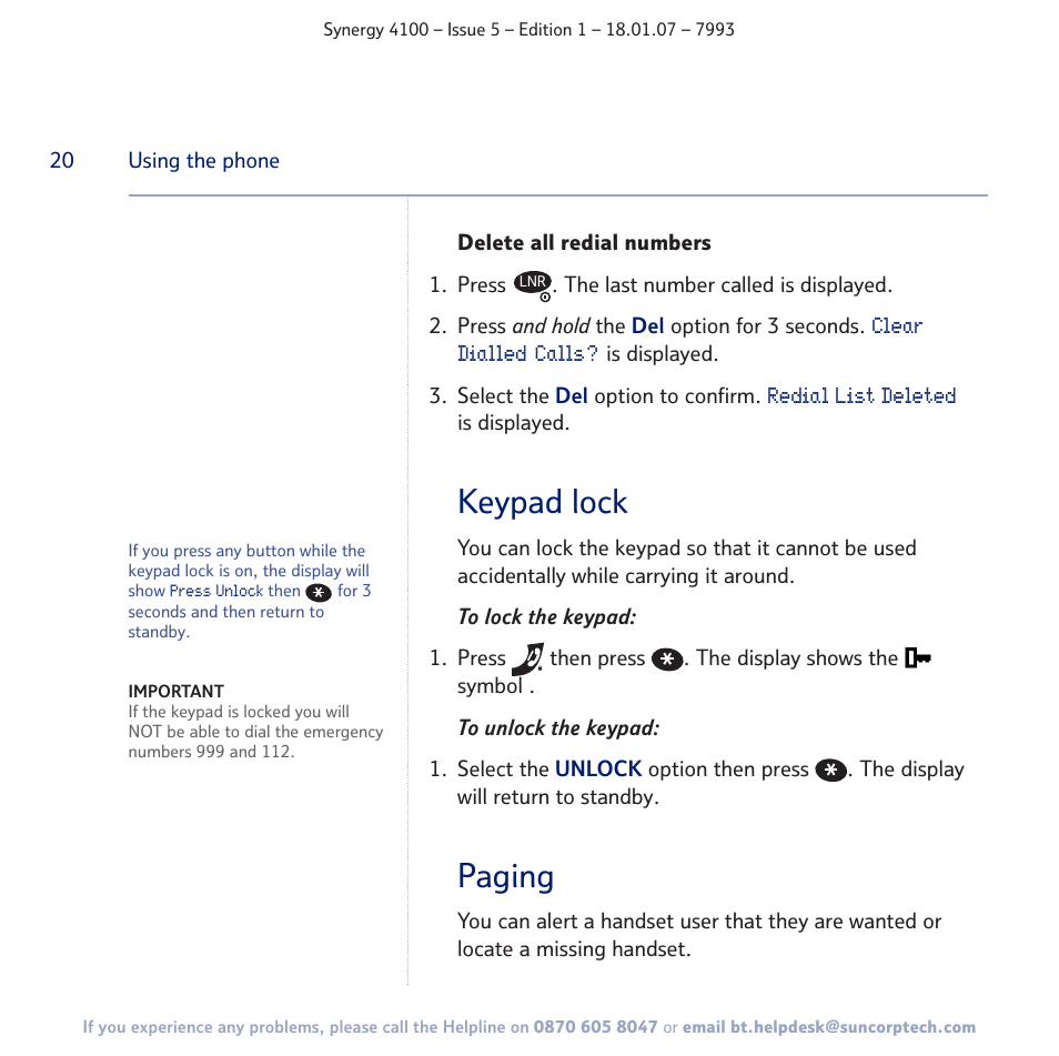 Keypad lock, Paging | BT SYNERGY 4100 User Manual | Page 20 / 84