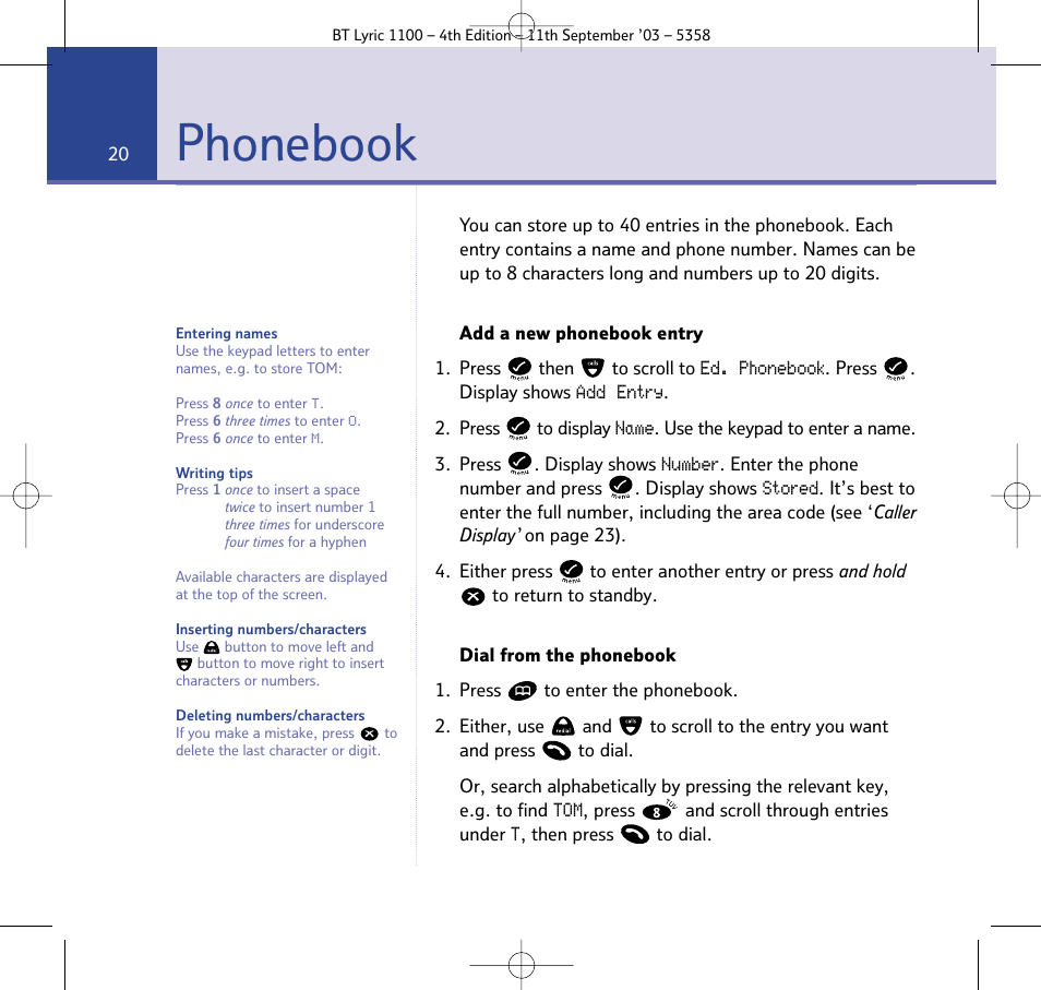 Phonebook | BT Lyric 1100 User Manual | Page 20 / 55