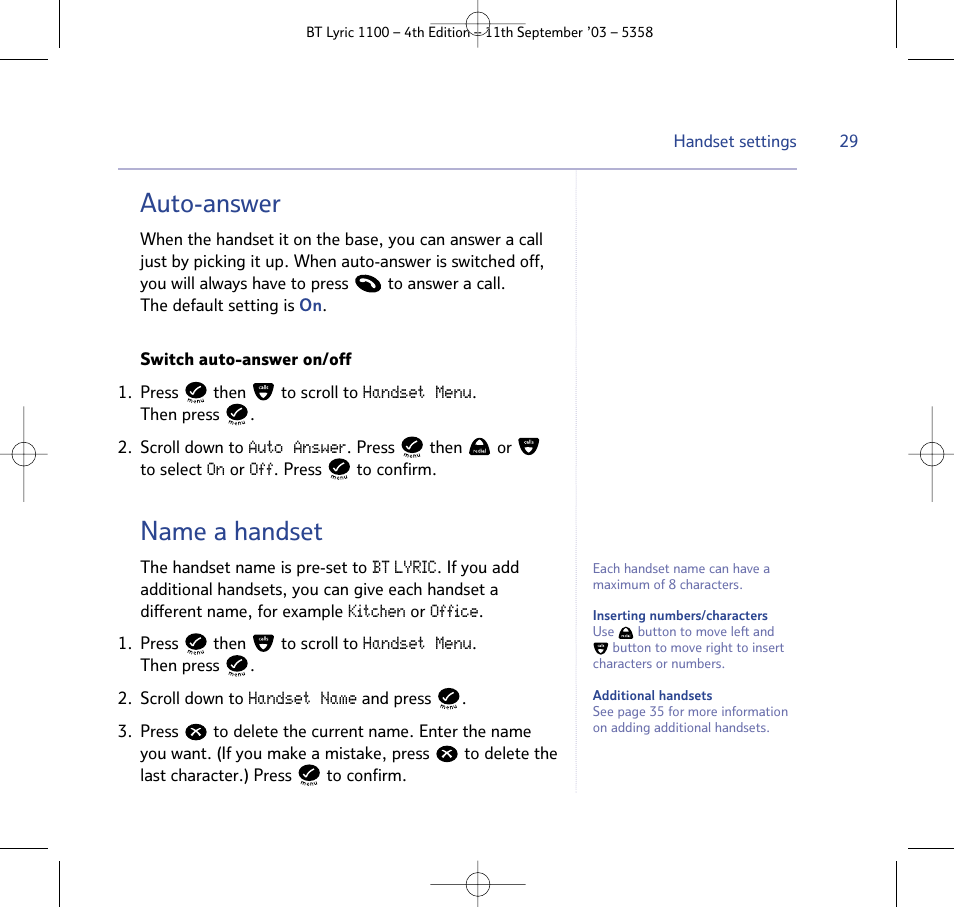 Auto-answer, Name a handset | BT Lyric 1100 User Manual | Page 29 / 55