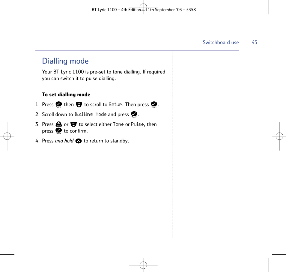 Dialling mode | BT Lyric 1100 User Manual | Page 45 / 55