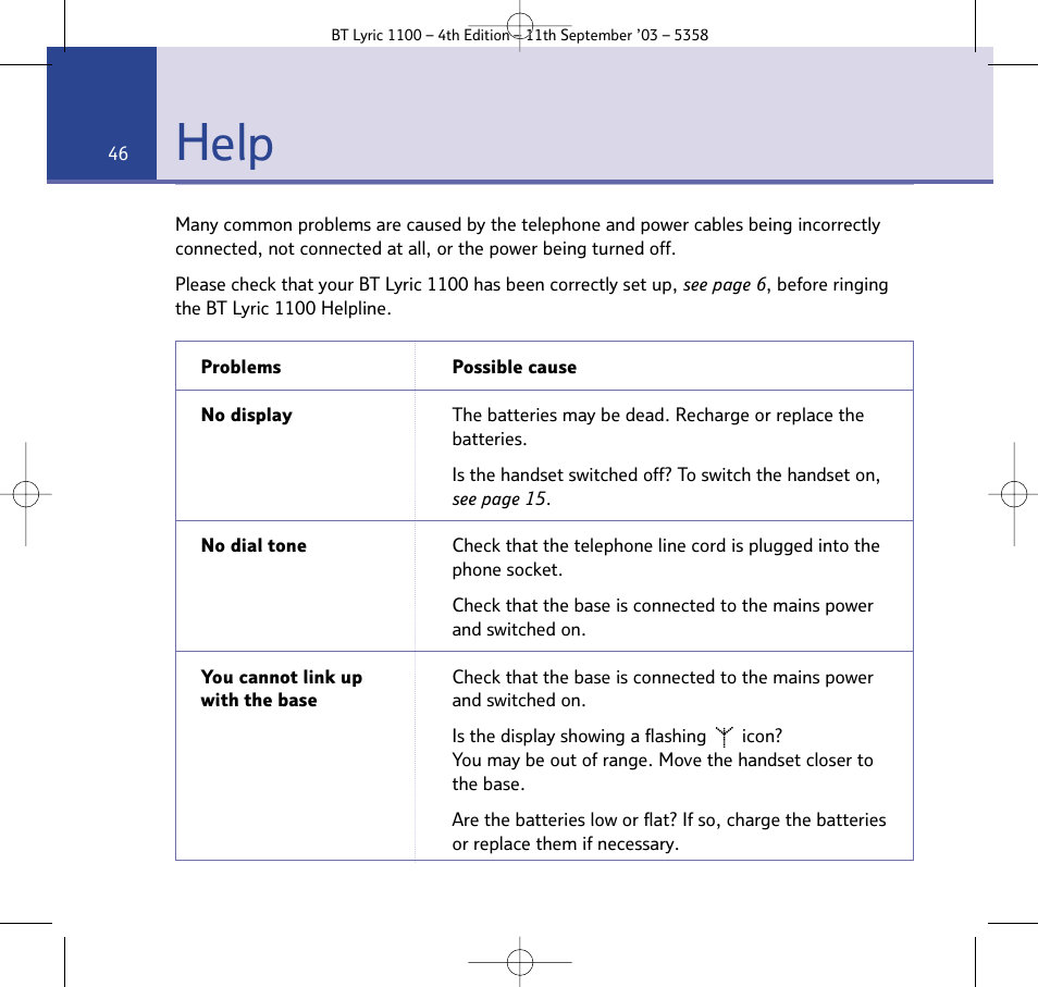 Help | BT Lyric 1100 User Manual | Page 46 / 55