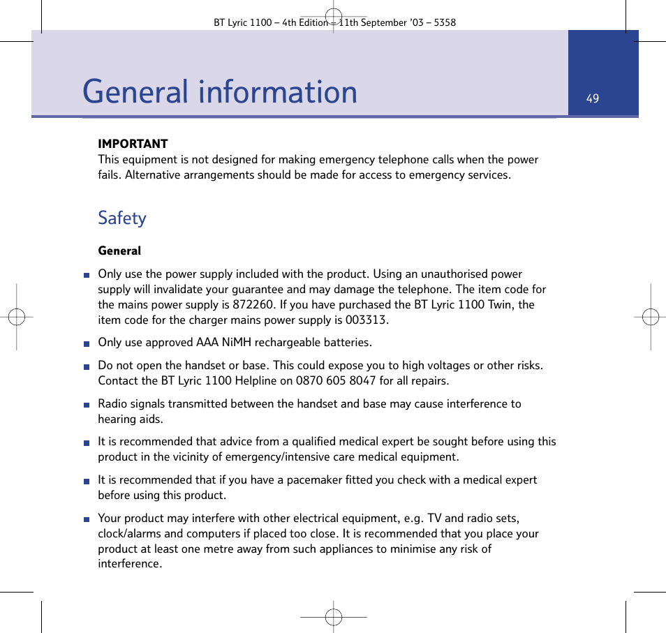 General information, Safety | BT Lyric 1100 User Manual | Page 49 / 55