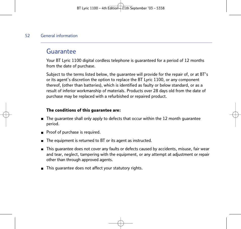 Guarantee | BT Lyric 1100 User Manual | Page 52 / 55