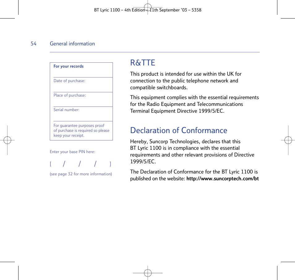 R&tte, Declaration of conformance | BT Lyric 1100 User Manual | Page 54 / 55