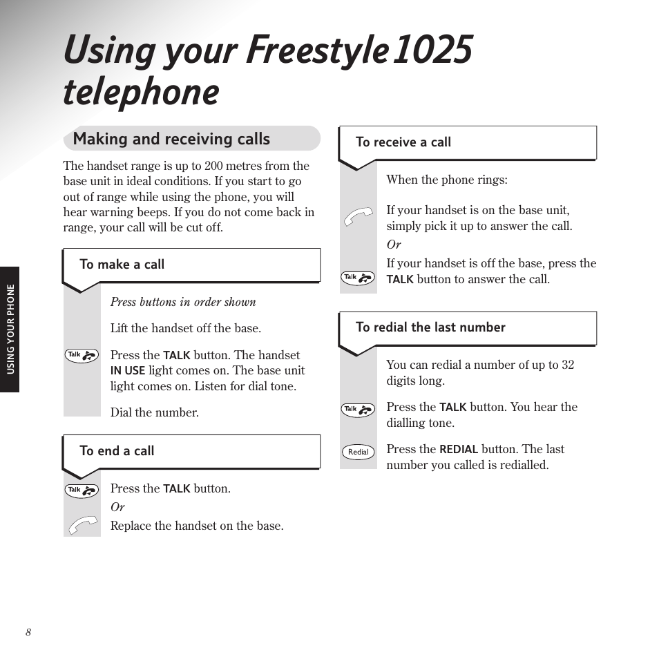 Using your freestyle 1025 telephone, Making and receiving calls | BT Freestyle 1025 User Manual | Page 12 / 47