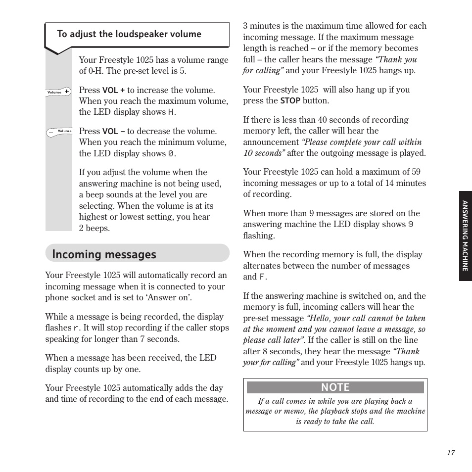 Incoming messages | BT Freestyle 1025 User Manual | Page 21 / 47