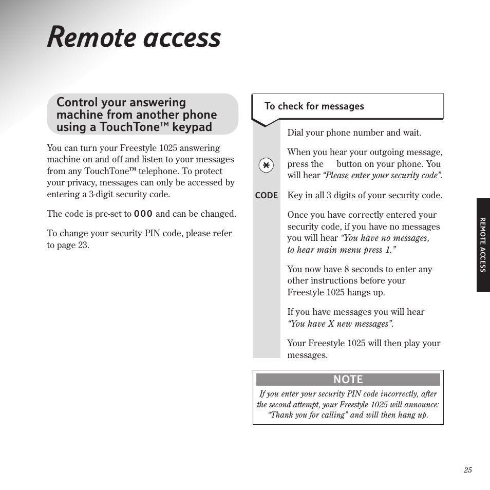 Remote access, Keypad | BT Freestyle 1025 User Manual | Page 29 / 47
