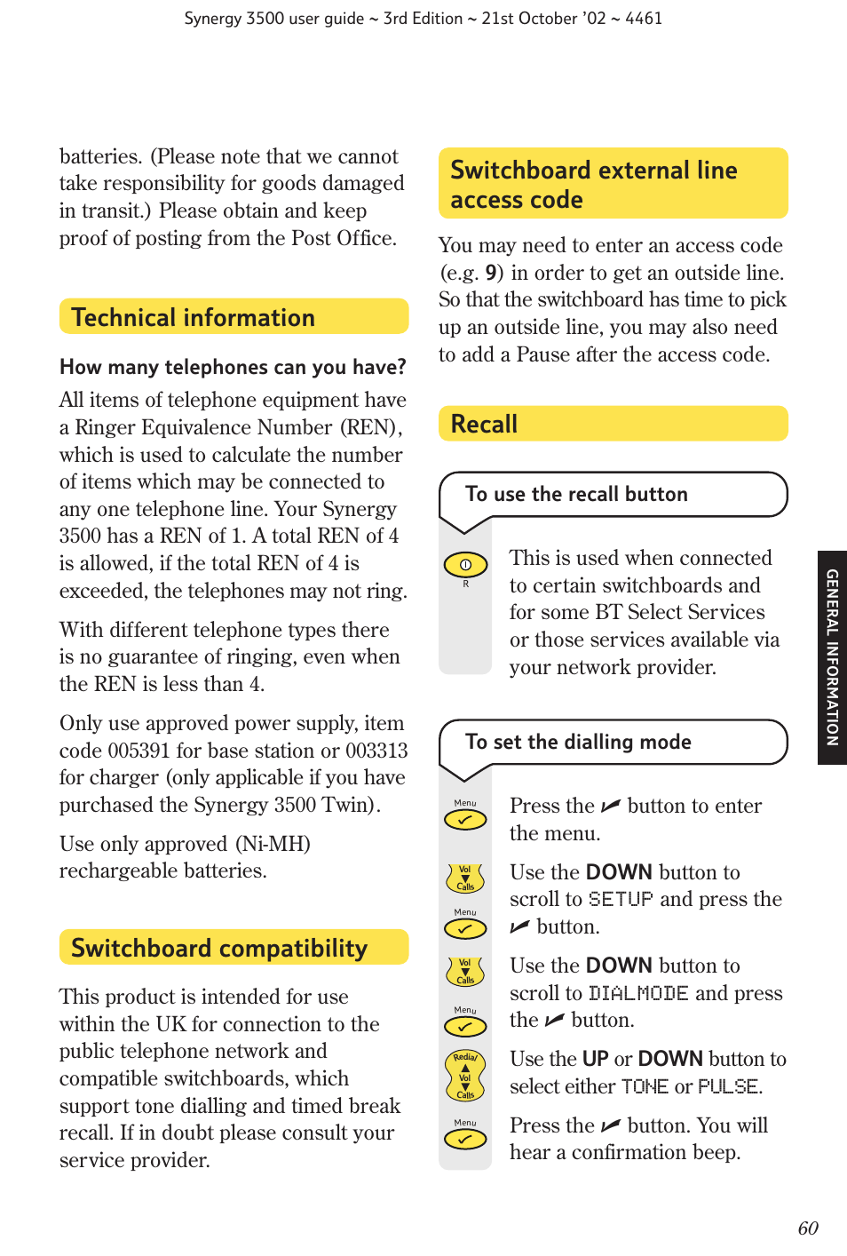 Switchboard compatibility recall | BT Synergy 3500 User Manual | Page 63 / 70