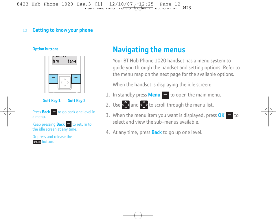 Navigating the menus | BT 1020 User Manual | Page 12 / 76