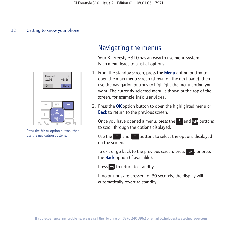 Navigating the menus | BT Freestyle 310 User Manual | Page 12 / 60
