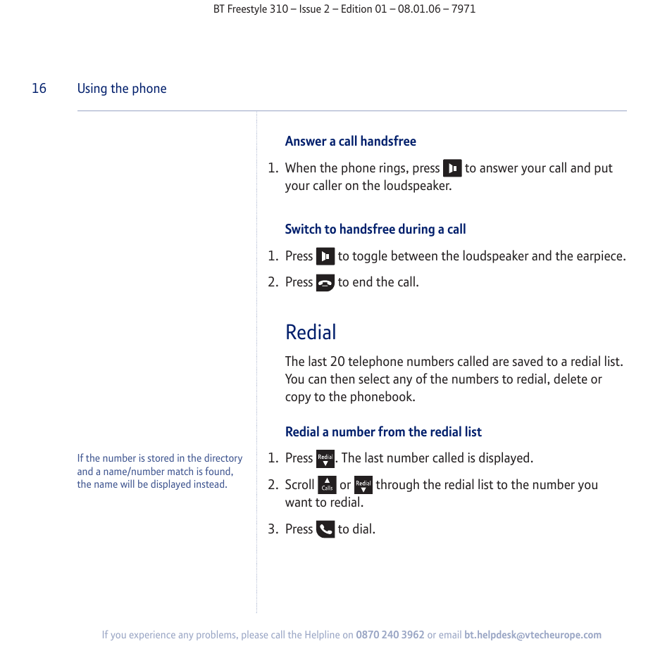 Redial | BT Freestyle 310 User Manual | Page 16 / 60