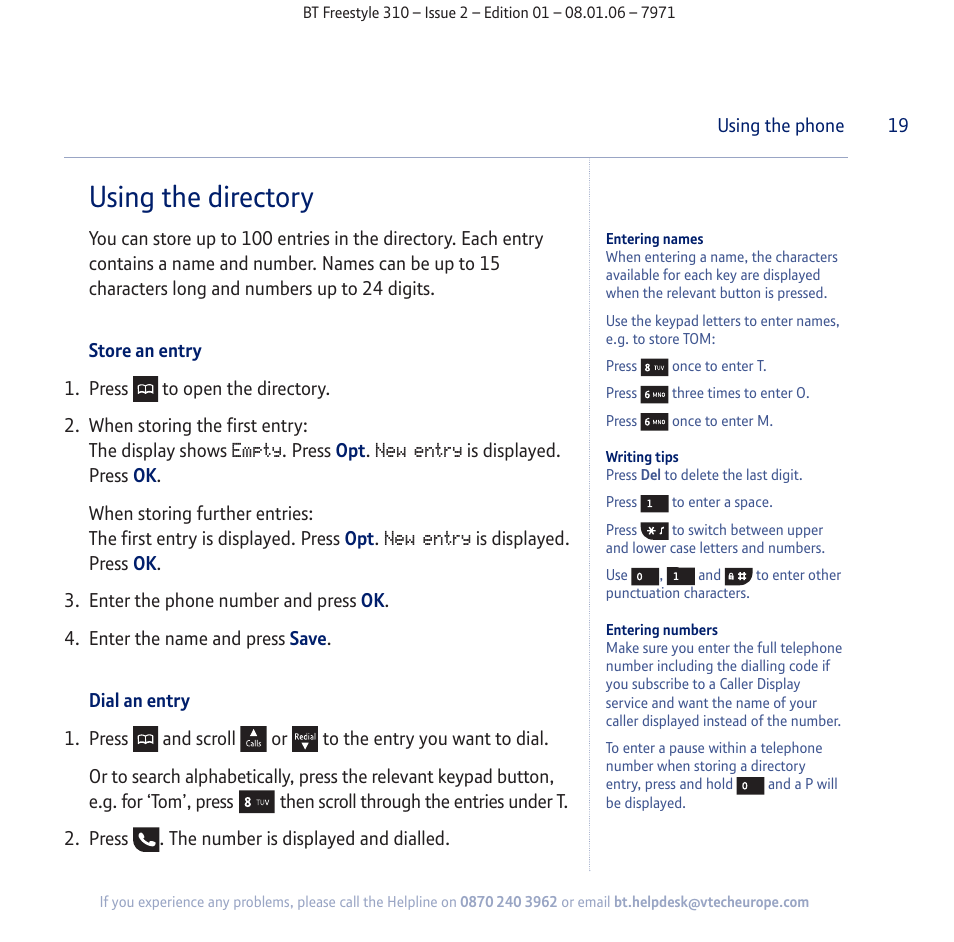 Using the directory | BT Freestyle 310 User Manual | Page 19 / 60