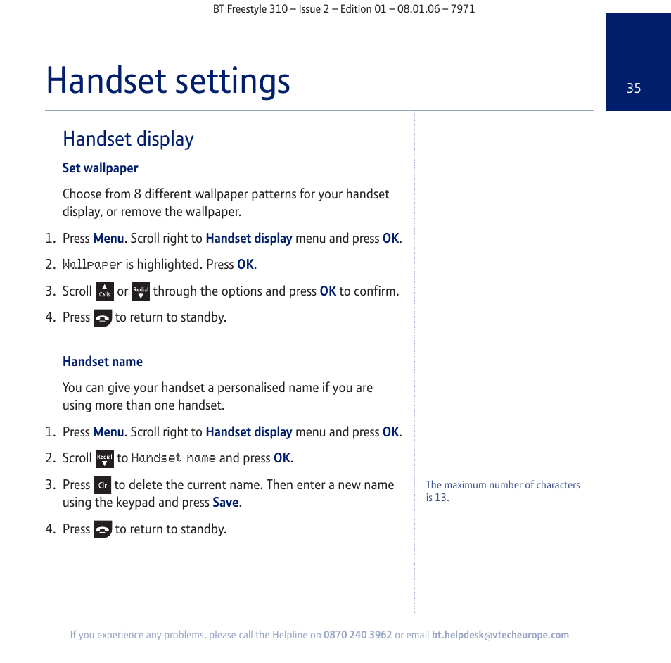 Handset settings, Handset display | BT Freestyle 310 User Manual | Page 35 / 60
