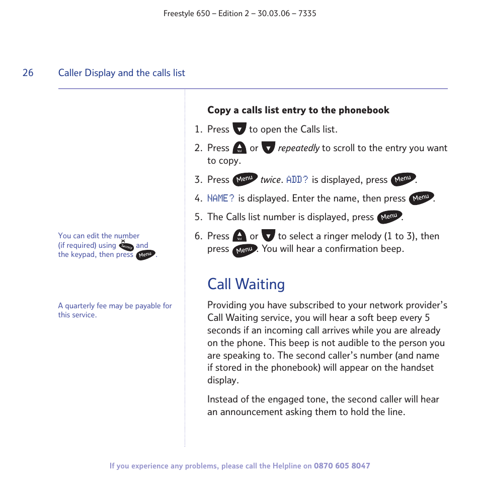 Call waiting | BT Freestyle 650 User Manual | Page 26 / 68