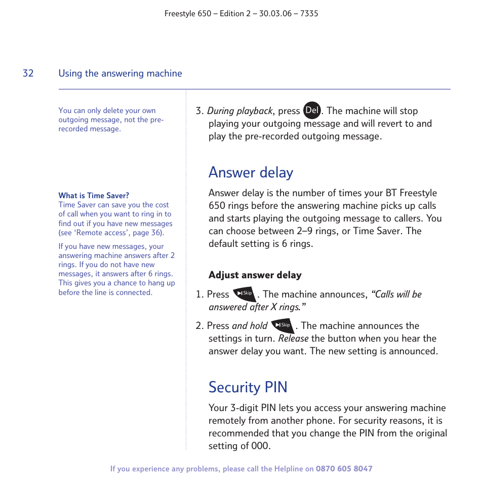 Answer delay, Security pin | BT Freestyle 650 User Manual | Page 32 / 68