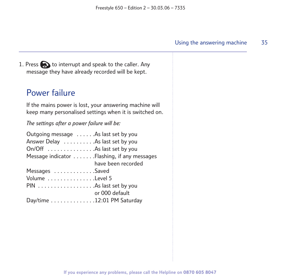 Power failure | BT Freestyle 650 User Manual | Page 35 / 68