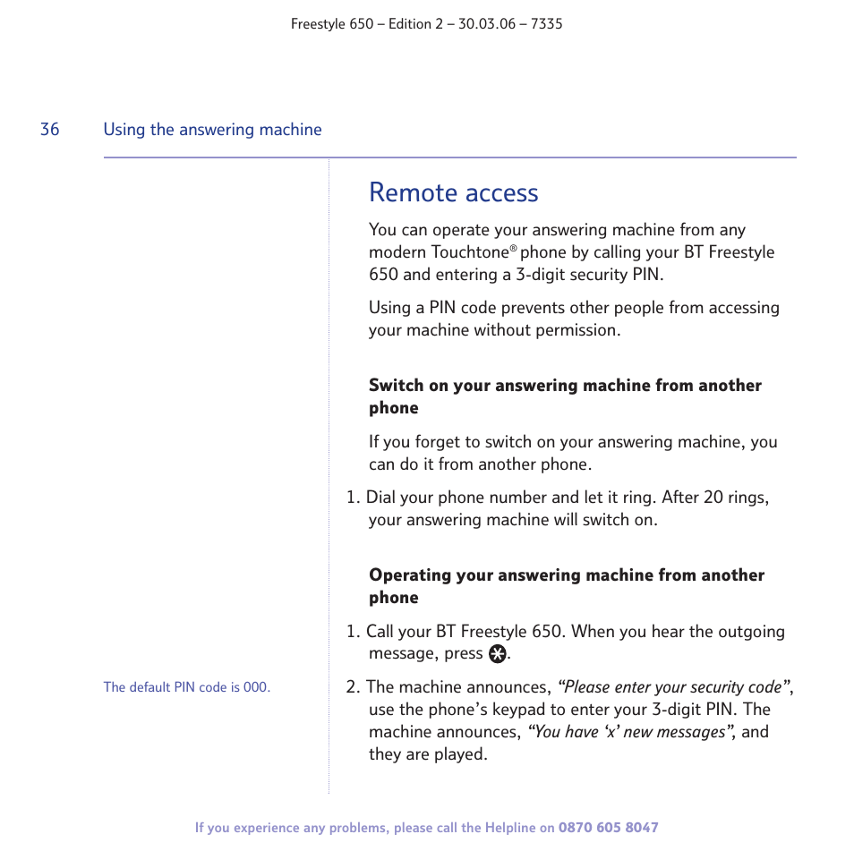 Remote access | BT Freestyle 650 User Manual | Page 36 / 68