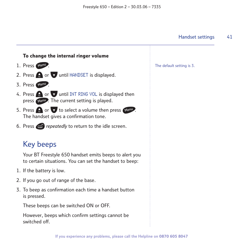 Key beeps | BT Freestyle 650 User Manual | Page 41 / 68