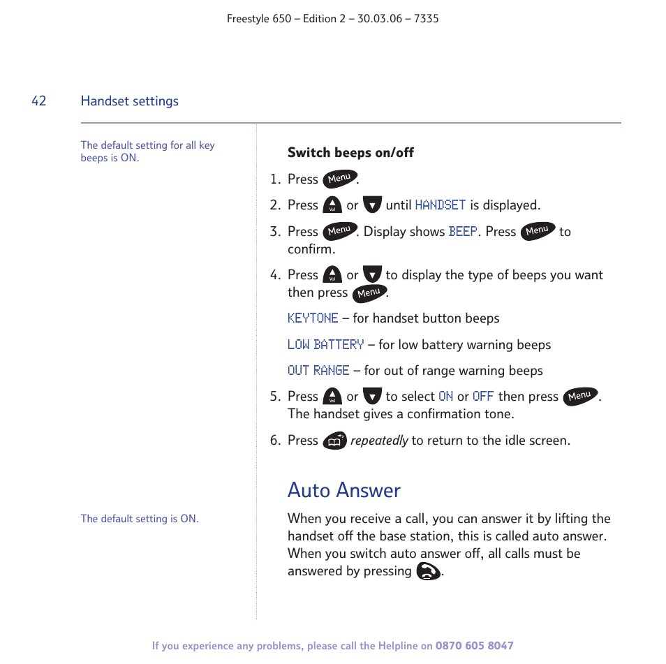 Auto answer | BT Freestyle 650 User Manual | Page 42 / 68
