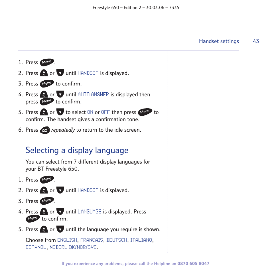 Selecting a display language | BT Freestyle 650 User Manual | Page 43 / 68