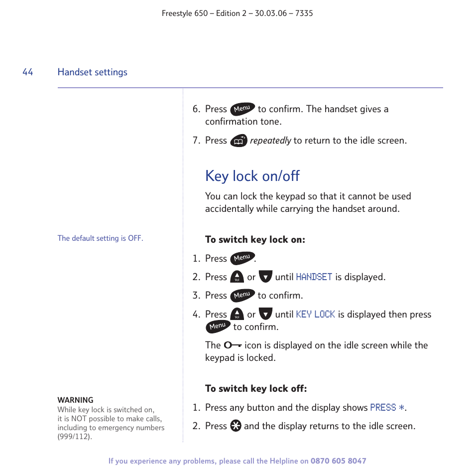 Key lock on/off | BT Freestyle 650 User Manual | Page 44 / 68