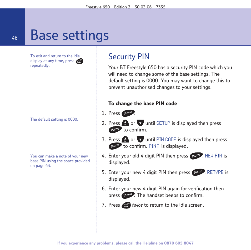 Base settings, Security pin | BT Freestyle 650 User Manual | Page 46 / 68