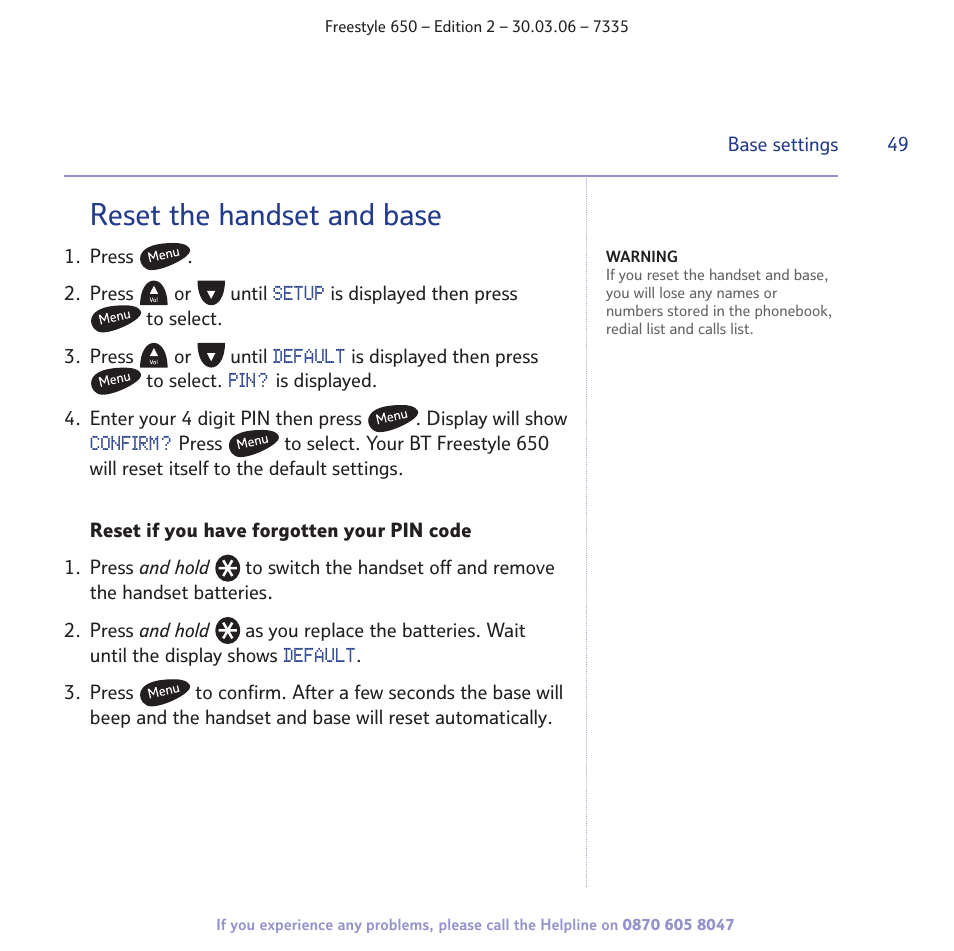 Reset the handset and base | BT Freestyle 650 User Manual | Page 49 / 68