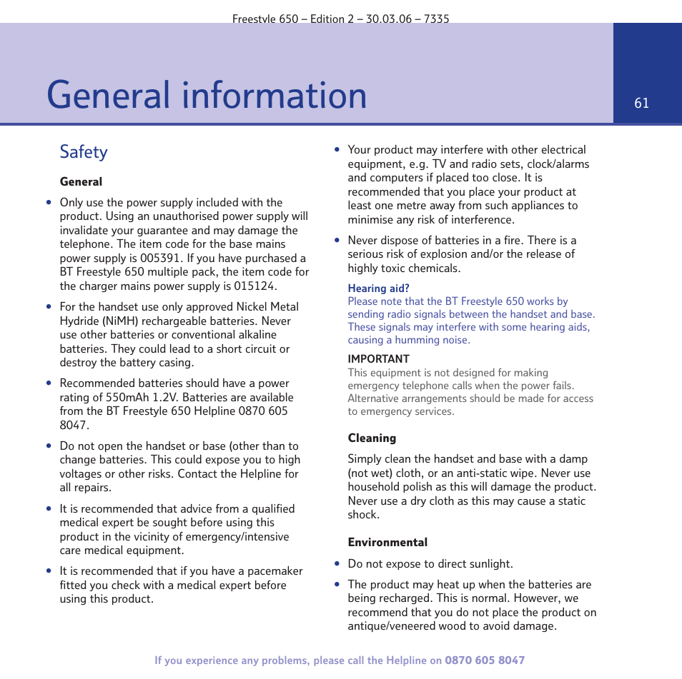 General information, Safety | BT Freestyle 650 User Manual | Page 61 / 68