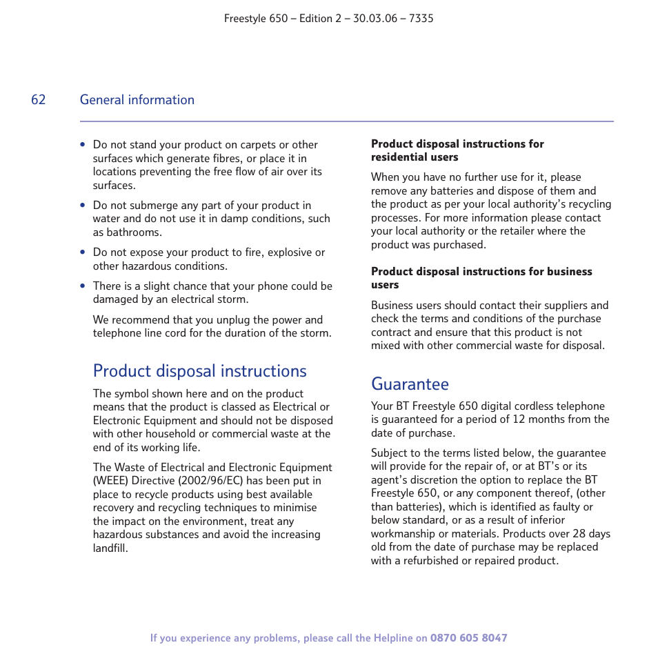 Product disposal instructions, Guarantee | BT Freestyle 650 User Manual | Page 62 / 68