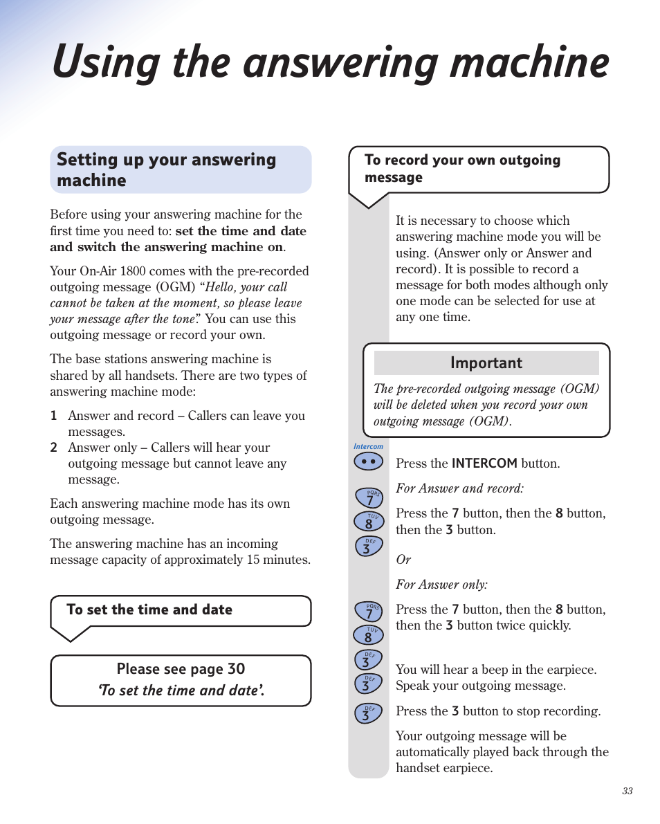 Using the answering machine, Setting up your answering machine, Important | Please see page 30 ‘to set the time and date | BT 1800 User Manual | Page 33 / 58