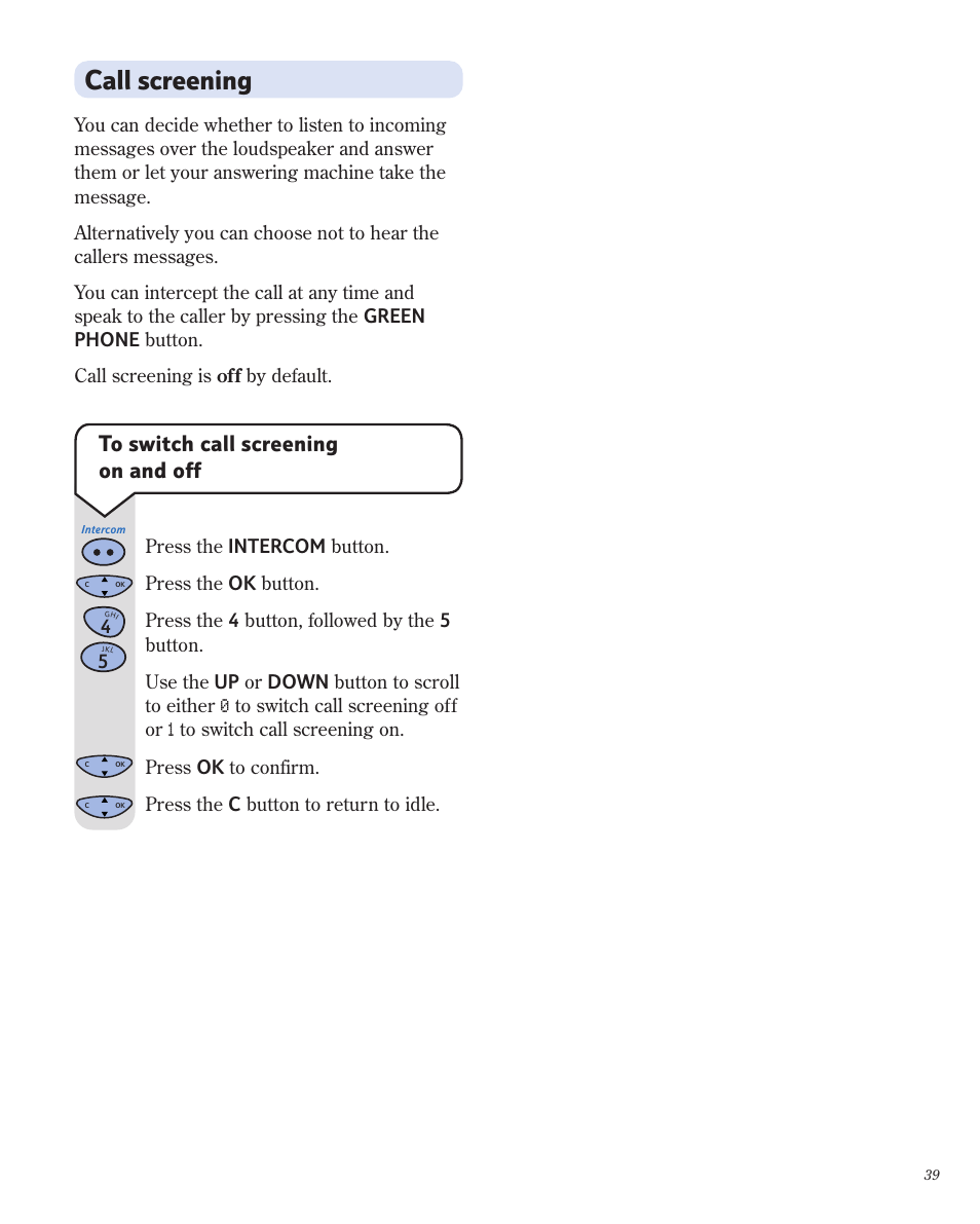 Call screening | BT 1800 User Manual | Page 39 / 58