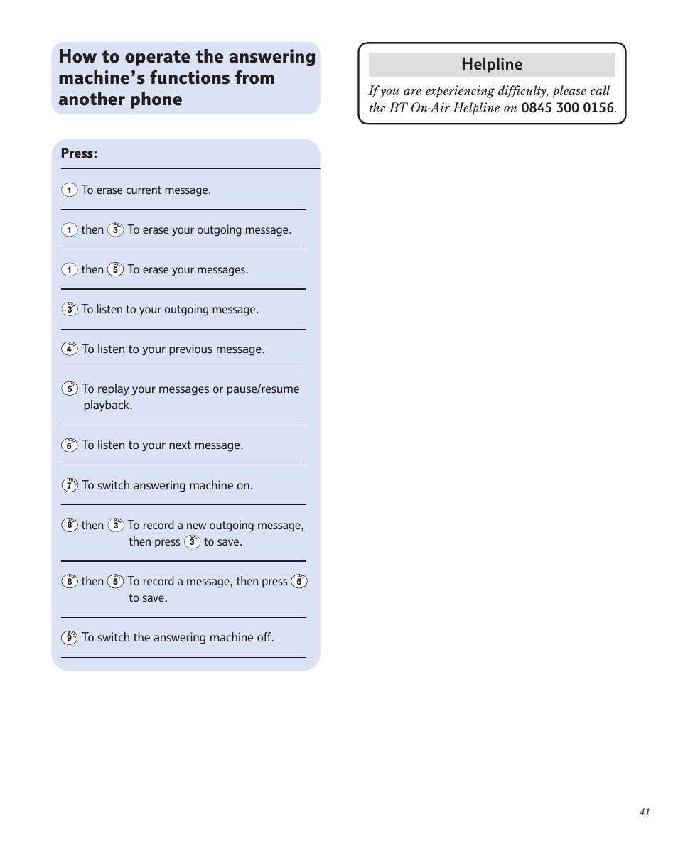 Helpline, Press | BT 1800 User Manual | Page 41 / 58
