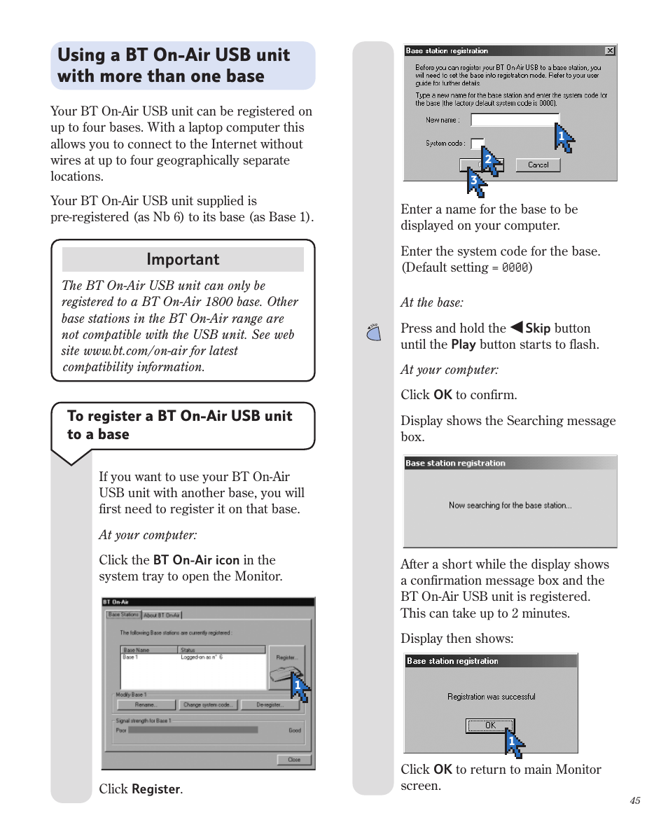 Using a bt on-air usb unit with more than one base | BT 1800 User Manual | Page 45 / 58