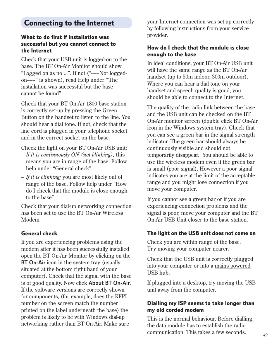 Connecting to the internet | BT 1800 User Manual | Page 49 / 58