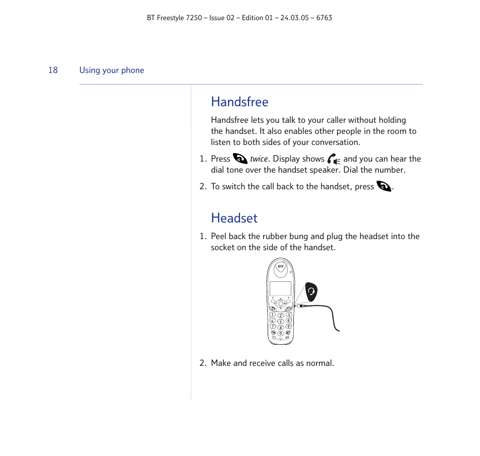 Handsfree, Headset | BT FREESTYLE 7250 User Manual | Page 18 / 88